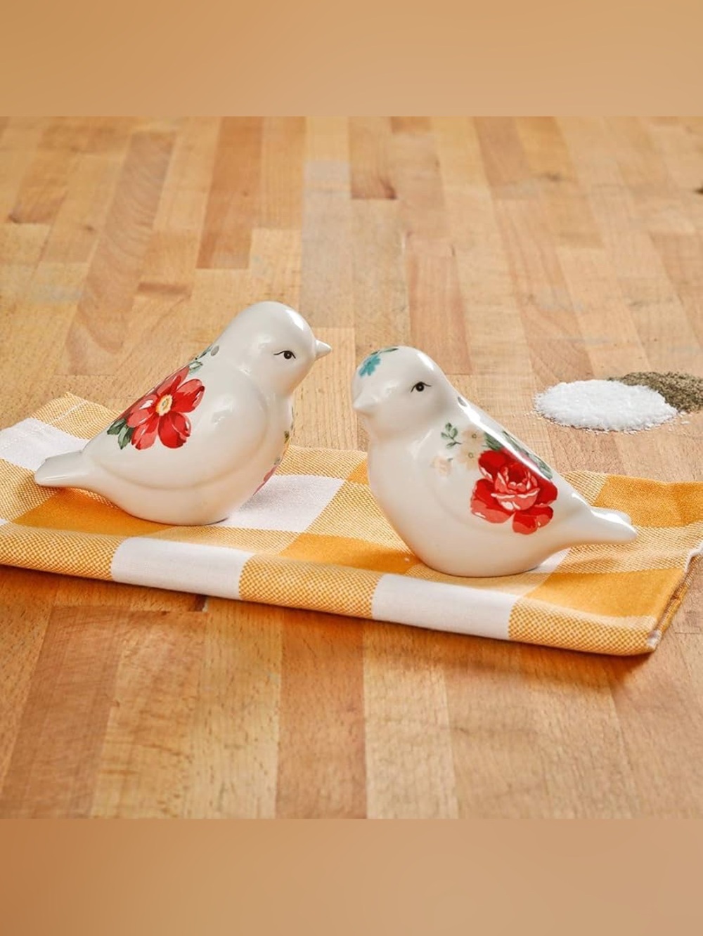 Ceramic White Bird Salt and Pepper Shaker Set with Red Floral Design